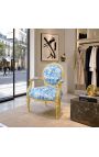 [Limited Edition] Louis XVI Poltrona de estilo barroco com tecido de tecido azul e madeira dourada - 9