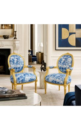 [Limited Edition] Louis XVI barokni stil naslonjač s toaleom de jouy tkanina plava i pozlaćena drva - 2