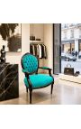 Baroque armchair Louis XVI style medallion green velvet and glossy black wood - 7