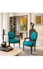 Барочное кресло Louis XVI Стиль медальон зеленый бархат и глянцевый черный дерево - 2
