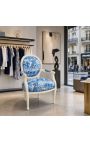 [Limited Edition] Πολυθρόνα Louis XVI στυλ μπλε toile de joy και μπεζ ξύλο - 7
