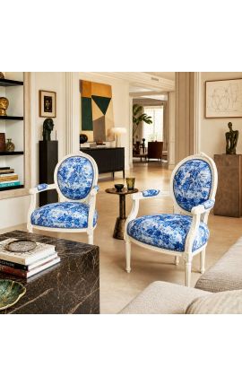 [Limited Edition] Poltrona di Louis XVI Style Blue Toile de Jouy e legno beige - 2