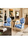 [Limited Edition] Fotel Louis XVI Styl Blue Toile De Jouy i Beżowy Drewno - 2
