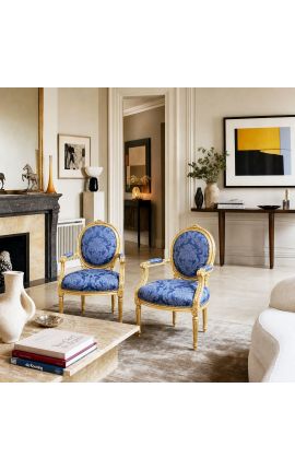 Poltrona barocca di Louis XVI Stile con tessuto blu e modello "gobelins" e legno dorato - 2