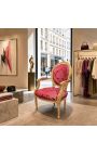 Barok lænestol af Louis XVI Style Red Satine Fabric "Gobelins" mønster og forgyldt træ - 4
