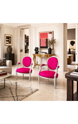 Barokk-tugitool Louis XVI Stiil Fuchsia Velvet ja hõbedase puidust - 2
