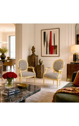 Fauteuil Louis XVI de style baroque velours taupe et bois doré - 2