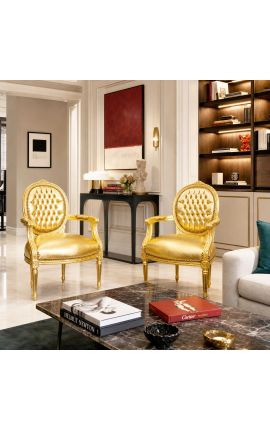 Barocksessel Louis XVI Stil Medaillon Gold-Kunstleder und Goldholz - 2