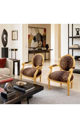 Barocksessel Louis XVI Stil Leopardenstoff und goldenes Holz - 2