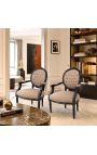 Poltrona barocca Louis XVI Velvet stile taupet e legno nero - 7