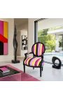Sillón barroco Louis XVI Tela de rayas multicolores y madera negra. - 6