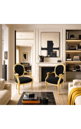 Fauteuil Louis XVI de style baroque velours noir et bois doré - 2