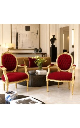 Barockfåtölj Louis XVI Style Burgundy sammet och guld trä - 2