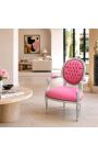 Fauteuil Louis XVI de style baroque velours rose et bois argenté - 8