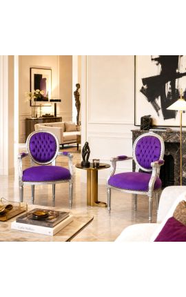 Poltrona barroca Louis XVI estilo roxo veludo e madeira prateada - 2