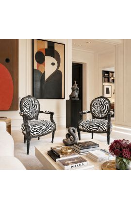 Sillón barroco Louis XVI Tejido de estilo medallón de estilo cebra y madera lacada negra y negro - 2