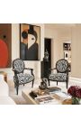 Baroque armchair Louis XVI style medallion zebra black and white fabric and black lacquered wood - 2