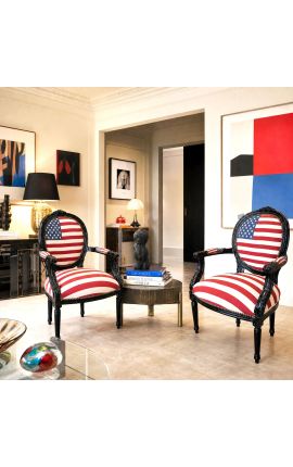 Barokki nojatuoli Louis XVI Style American Flag ja kiiltävä musta puu - 2