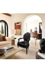 Baroque armchair Louis XVI black leatherette with rhinestones and black wood - 7
