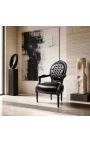 Baroque armchair Louis XVI black leatherette with rhinestones and black wood - 3