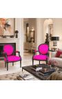 Baroque armchair Louis XVI fuchsia fabric and glossy black wood - 13