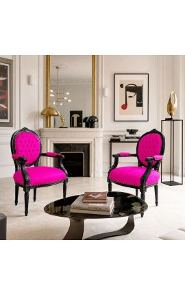 Baroque armchair Louis XVI fuchsia fabric and glossy black wood - 2