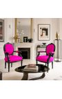 Baroque armchair Louis XVI fuchsia fabric and glossy black wood - 2