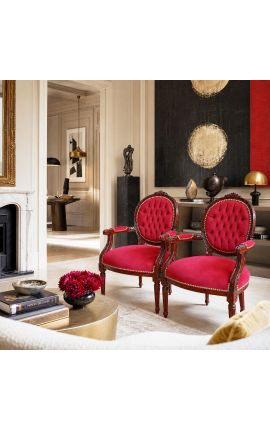 Barokk-tugitool Louis XVI Stiil Burgundia Velvet ja mahagonist puit - 2