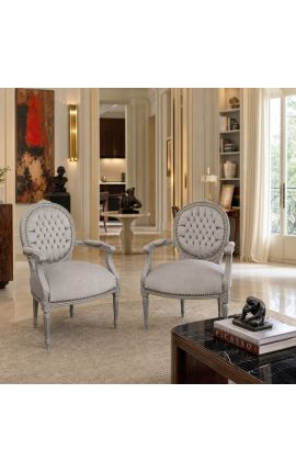 Sillón barroco Louis XVI Terciopelo gris de estilo y madera lacada gris. - 2