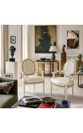 Barockfåtölj Louis XVI Style Medaljong Beige Leatherette och Beige Wood - 2