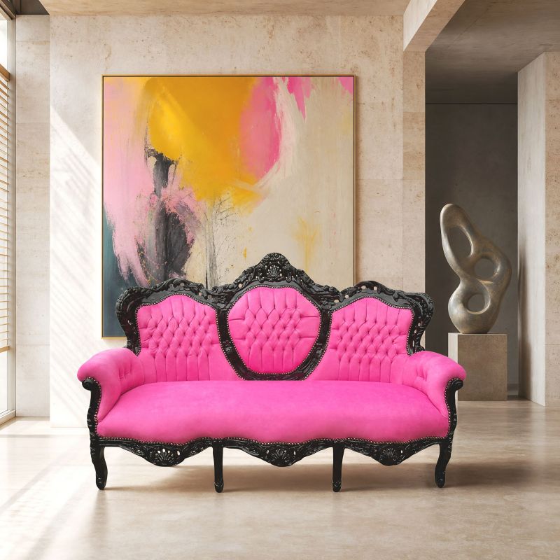 Barocksofa Stoff rosa Samt und schwarz lackiertes Holz