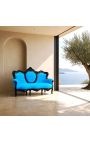 Tessuto di divano barocco di velluto turchese e legno laccato nero - 8