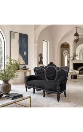Barok sofa sort fløjlsstof og sortlakeret træ - 2