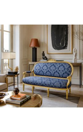 Louis XVI Stilsofa in blauem Satin mit "Gobelins" mit vergoldetem Holz - 2