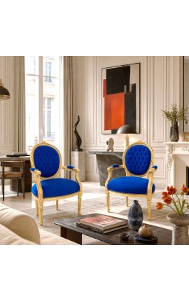 Barockfåtölj Louis XVI Stil Blå Velvet och Gold Wood - 2
