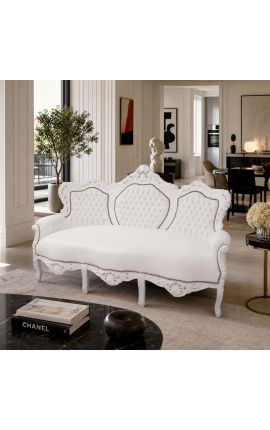 Canapé baroque tissu simili cuir blanc et bois laqué blanc - 2