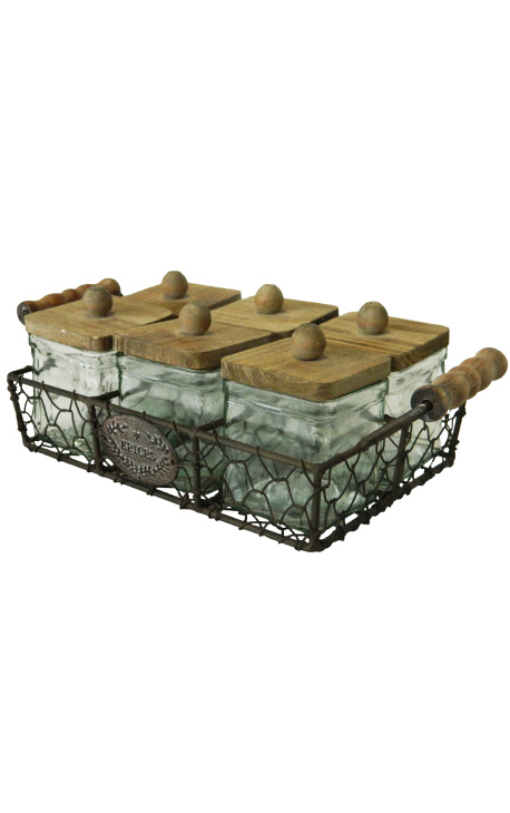 Wrought iron basket with 6 spice jars