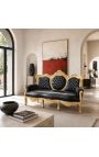 Canapé baroque tissu simili cuir noir et bois doré - 9