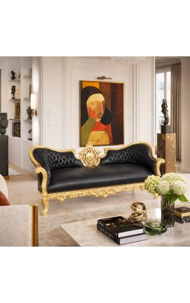 Barok Napoleon III stil medaljon sofa sort kunstlæder og guld træ - 2