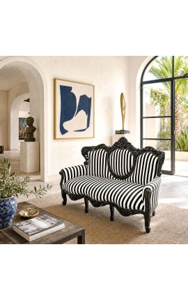 Canapé baroque tissu rayé noir et blanc avec bois laqué noir - 2