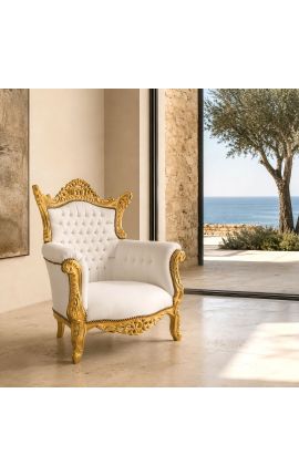 Grand Rococo barokk karosszék fehér műbőr és arany fa - 2