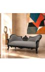 Canapea baroc Napoleon III medalion țesătură catifea gri și lemn negru mat - 6