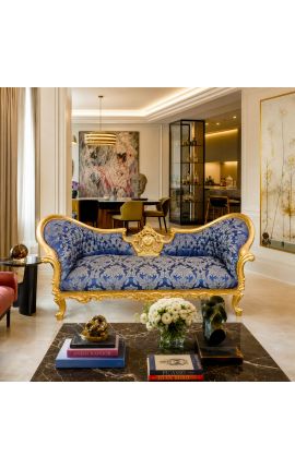 Canapé baroque Napoléon III médaillon tissu "Gobelins" bleu et bois doré - 2