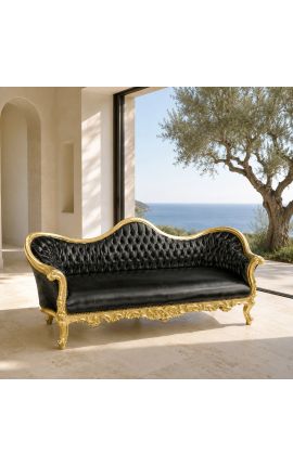 Canapea baroc Napoleon III din piele neagră și lemn auriu - 2