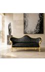 Canapé baroque Napoléon III tissu simili cuir noir et bois doré - 3