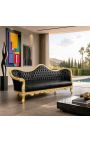 Canapé baroque Napoléon III tissu simili cuir noir et bois doré - 9