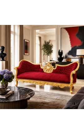 Napoleón III sofá barroco medallón de tela de terciopelo rojo Burdeos y madera dorada - 2