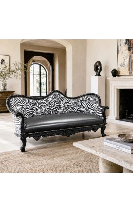 Barock Napoleon III soffa zebra, svart konstläder &amp; svart glansigt trä - 2