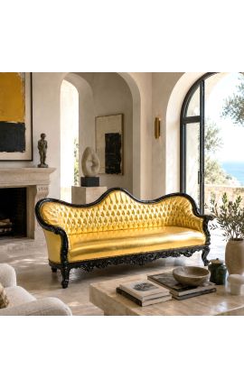 Canapé baroque Napoléon III tissu simili cuir doré et bois laqué noir - 2