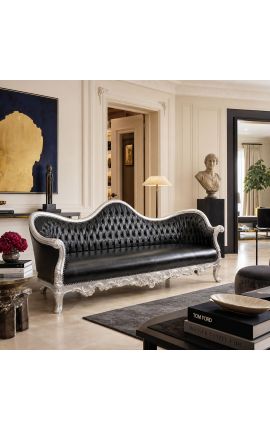Barokinė Napoleon III sofa juoda dirbtinė oda ir sidabrinė mediena - 2